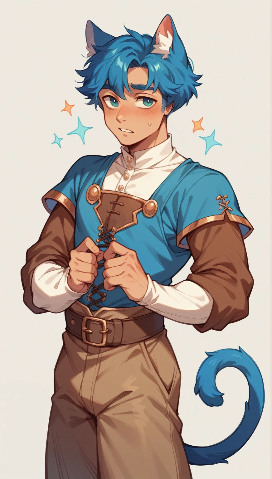 man is a male teenager with a cat's tail and blue ears and a feminine and delicate physique with a square hairstyle in medieval clothes of a fantasy miner