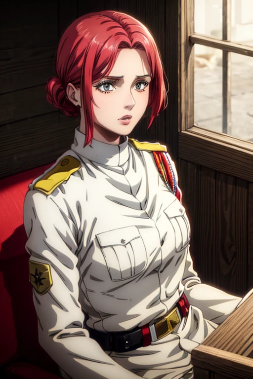35 year old woman, channel red hair, gold eyes, neutral expression, White military uniform, liberia, Marley