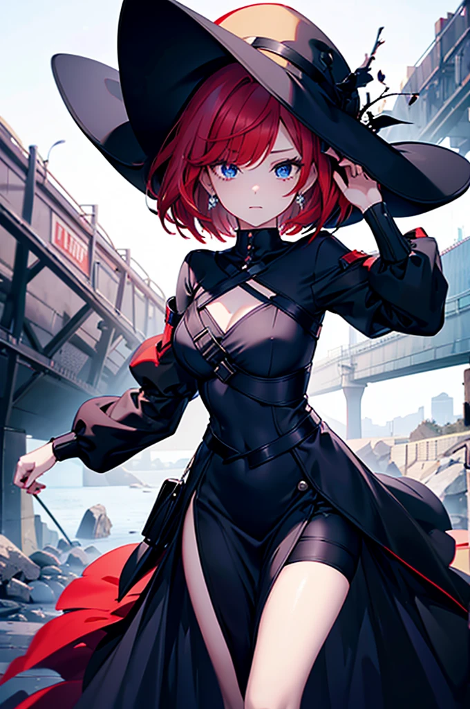 a beautiful girl with red hair wearing a black dress, detailed facial features, bob haircut, full body illustration, woman wearing a long black and red coat, solo character, white background, anime style, highly detailed, photorealistic, 8k, best quality, masterpiece, blue eyes, short hair