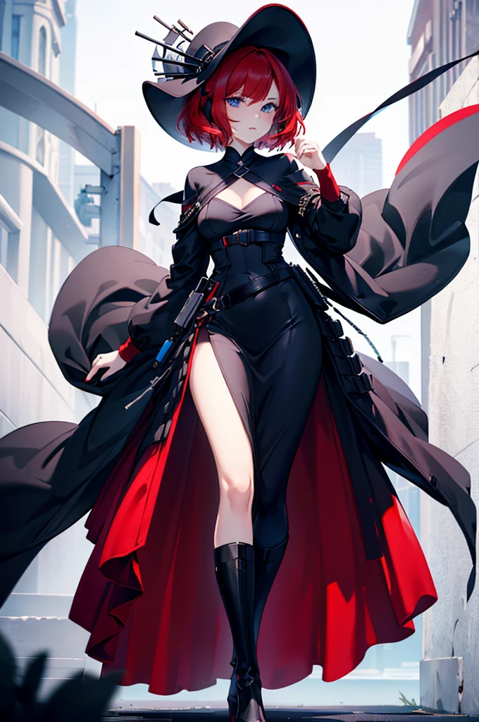 a beautiful girl with red hair wearing a black dress, detailed facial features, bob haircut, full body illustration, woman wearing a long black and red coat, solo character, white background, anime style, highly detailed, photorealistic, 8k, best quality, masterpiece, blue eyes, short hair