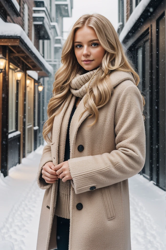 professional portrait photograph of a gorgeous Norwegian girl in winter clothing with long wavy blonde hair, sultry flirty look, gorgeous symmetrical face, cute natural makeup, wearing elegant warm winter fashion clothing, ((standing outside in snowy city street)), stunning modern urban environment, ultra realistic, concept art, elegant, highly detailed, intricate, sharp focus, depth of field, f/1. 8, 85mm, medium shot, mid shot, (((professionally color graded))), bright soft diffused light, (volumetric fog), trending on instagram, hdr 4k, 8k