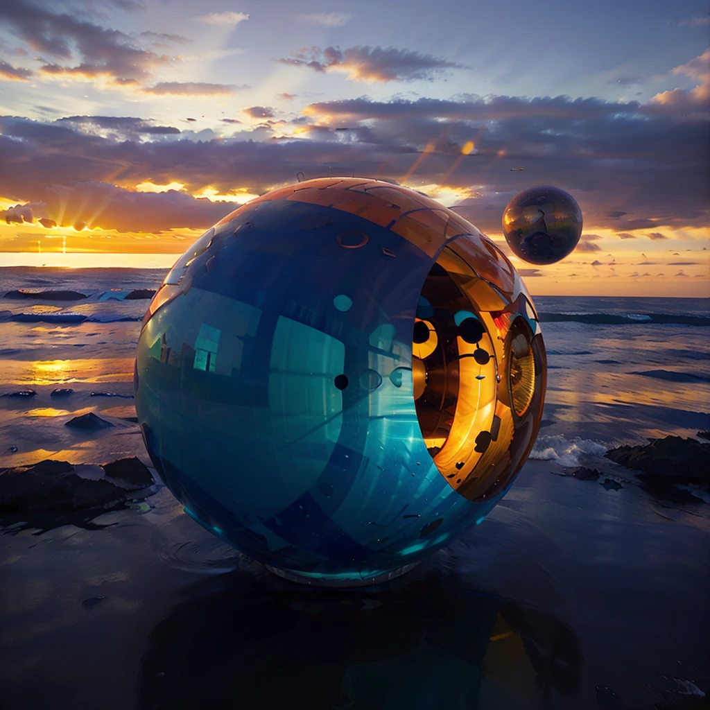 frutiger aero, y2k aesthetics, 3d game art, ocean, sunset, blue orange white, abstract 3d metaball object