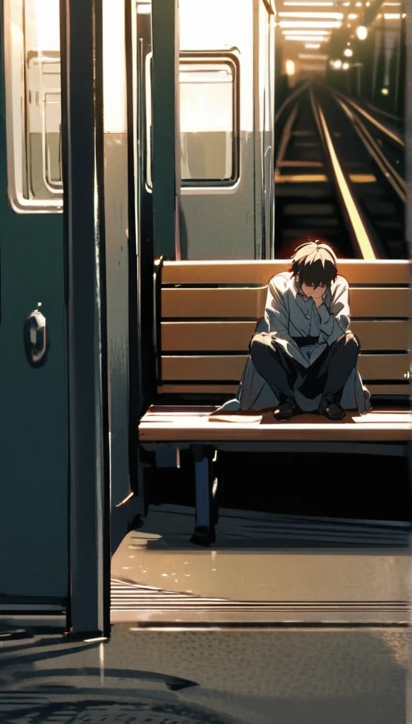 a young boy sad and seat alone in bench railway station said and boy near passing rail