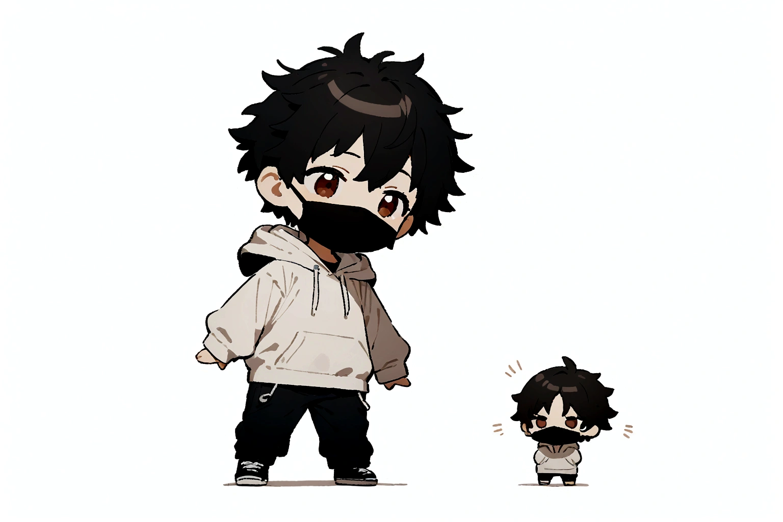 masterpiece,chibi,1man, tareme, black hair, mouth mask, full body, white background, simple background, very short hair, messy hair, hoodie,