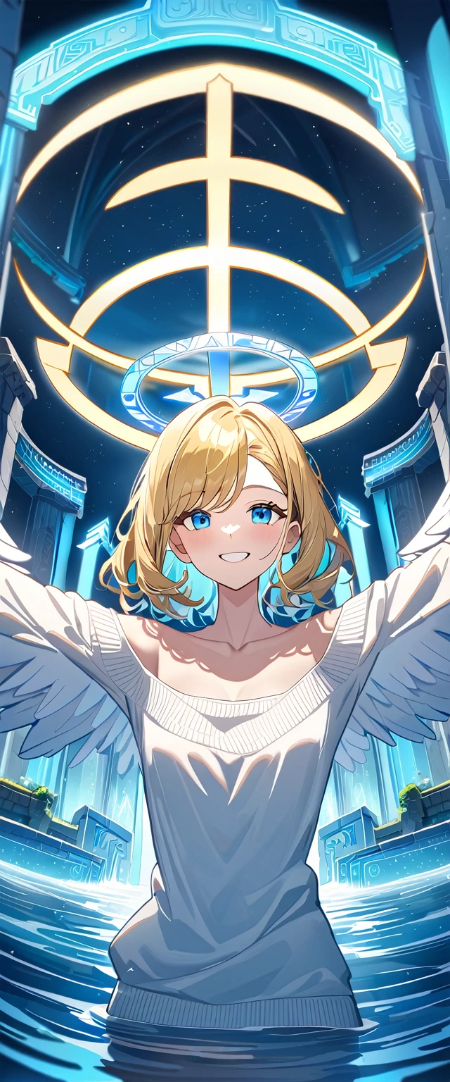 ((angel, big big white wings:1.3, halo:1.3)), ((sea)), (((spread arms))), (((from below))), ((flying in the sky)), archangel Uriel, ((wavy hair, outward curled hair)), evening, Sunset, ((blond hair, bob cut:1.3)), breasts, teenager, (looking at viewer), oversized clothes, puffy long sleeves, collarbone, ((off-shoulder sweater:1.3, Quite thick shoulder straps)), ((white sweater)), collarbone, head tilt:1.3, (((blue eyes))), (water temple, crystal clear water:1.3), (crystal, reflective, glowing, fountain:1.5), (waterfall), (crystal textured interior), (water ripples:1.3), (clear blue crystal pillars:1.2), (geyser, indoor), (ice wall:1.2), (light blue glowing:1.3), ((happy smile)), (((anime style))), (best quality, 4K, 8K, highres, masterpiece:1.2, ultra-detailed, ultra-detailed eyes, HDR, uhd, studio lighting, ultra-fine painting, sharp focus, physically-based rendering, extreme detail description, professional, vivid colors, bokeh)