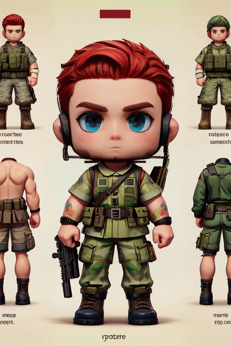 Create a soldier character, with green military clothes, muscular body, red band on the forehead, short red hair.