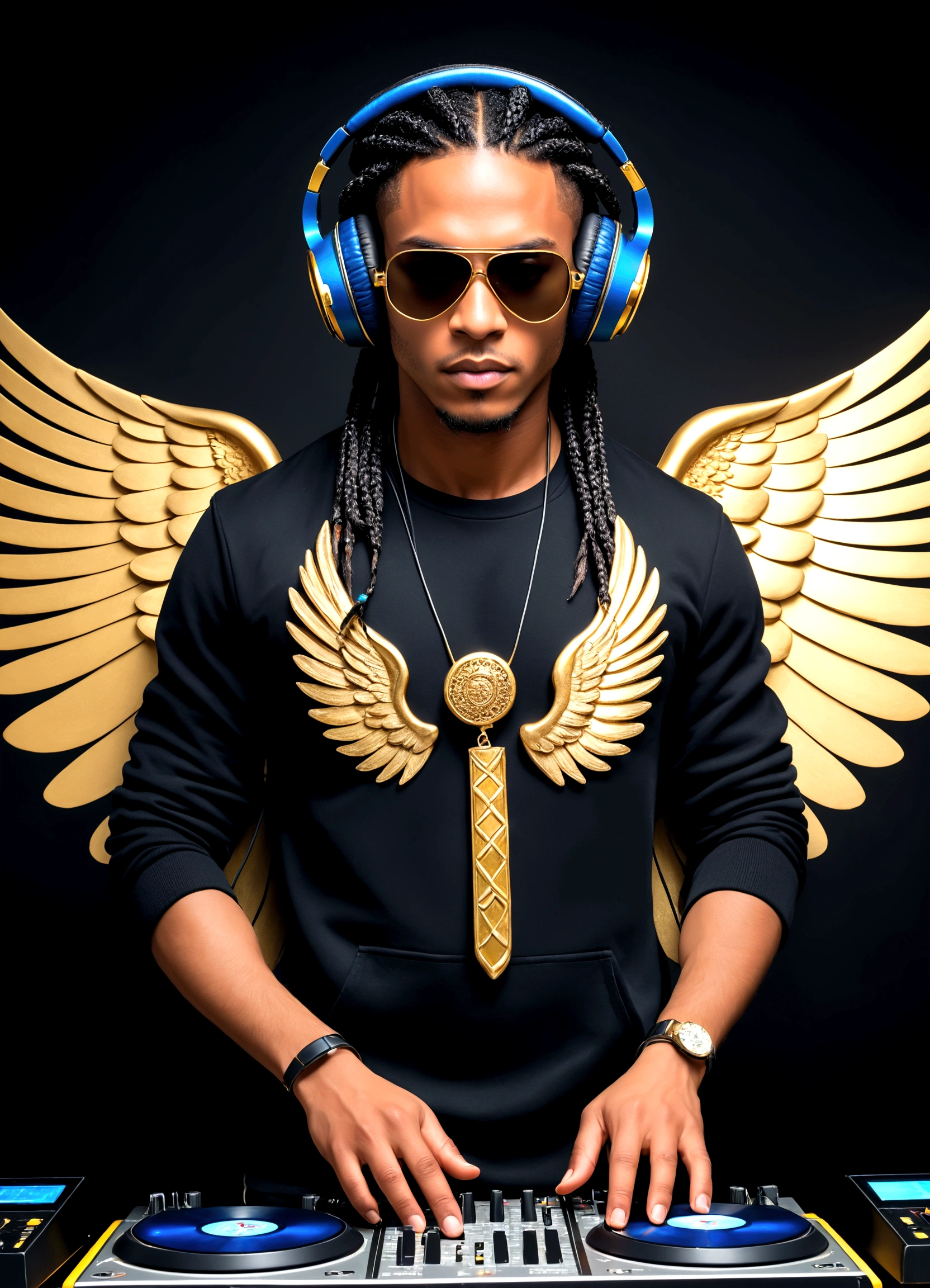image of a .male angel suspended in the air. ,(Braided rasta hair style) ,body view style, angel stands behind a swinging electronic soundboard, public in dynamic standing pose, com uma mão ajustando os fones de ouvido e a outra on the soundboard. toned The figure must be in a pose , com uma mão ajustando os fones de ouvido e a outra on the soundboard. The sculpture must have the following characteristics: on the soundboard.whole full shot Headphones, image background a hellish landscape