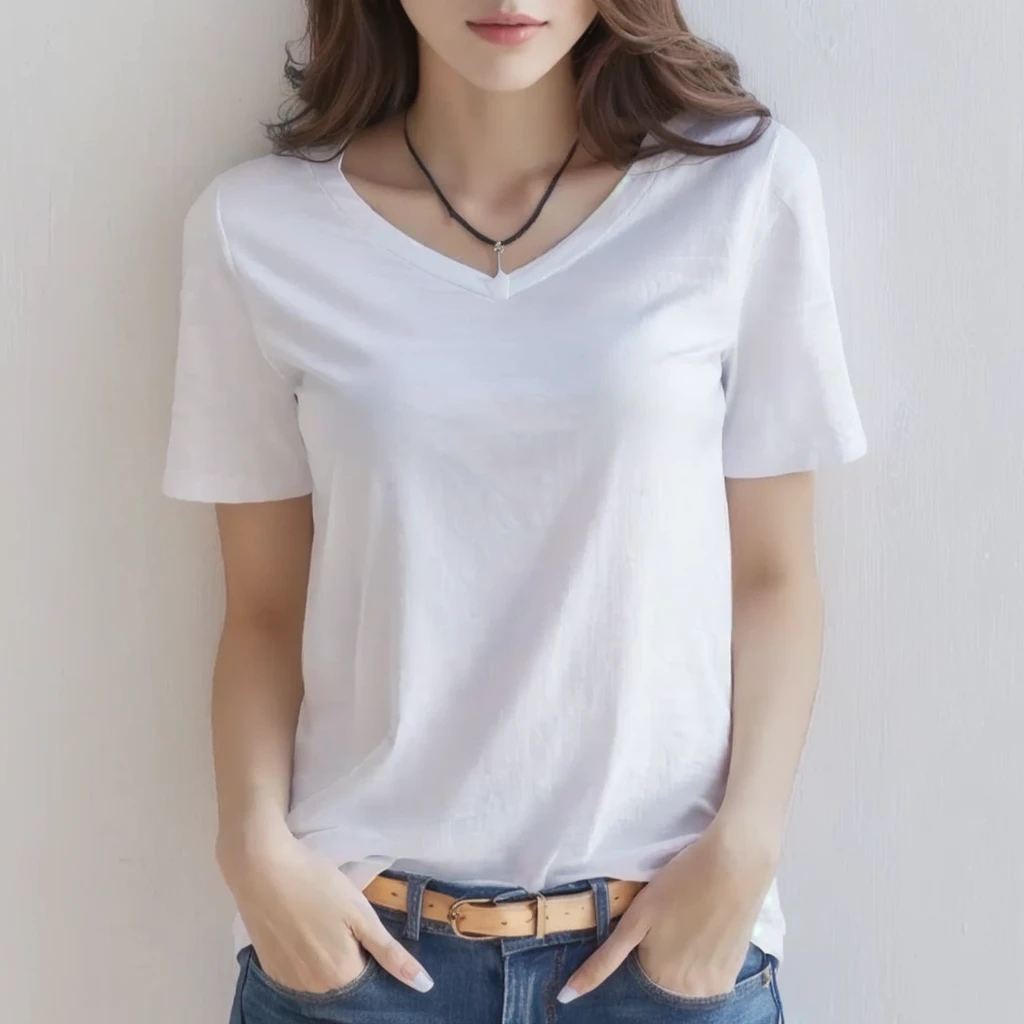 Ala Fed woman in white shirt and jeans poses for photo, White T-shirt, plain White T-shirt, White T-shirt, White T-shirt, White T-shirtを着て, Short sleeve, casual white garment, Wearing a white V-neck top, Trendy white clothes, V-shaped clothing with an open neckline, White fashionable clothes, Modern casual wear, Wearing a white shirt