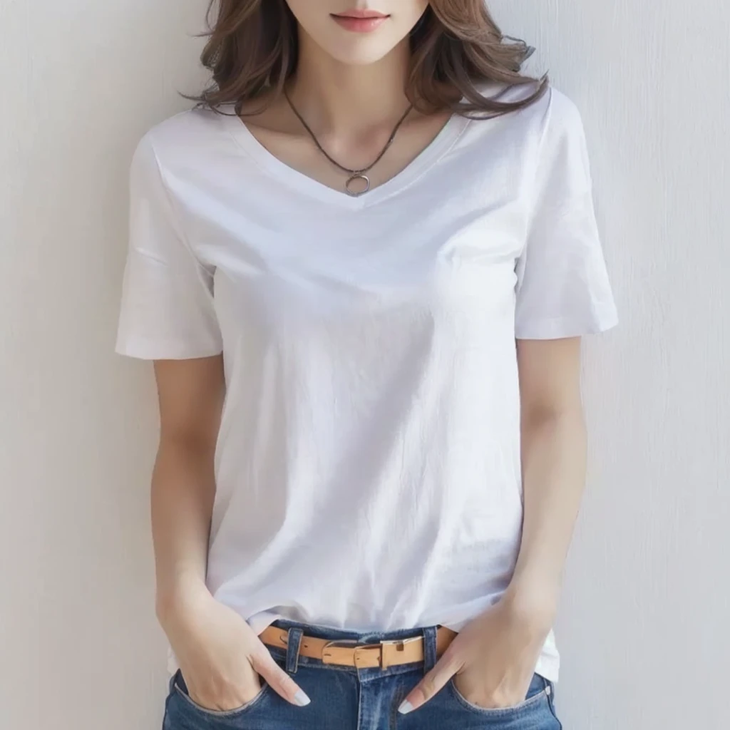 Ala Fed woman in white shirt and jeans poses for photo, White T-shirt, plain White T-shirt, White T-shirt, White T-shirt, White T-shirtを着て, Short sleeve, casual white garment, Wearing a white V-neck top, Trendy white clothes, V-shaped clothing with an open neckline, White fashionable clothes, Modern casual wear, Wearing a white shirt