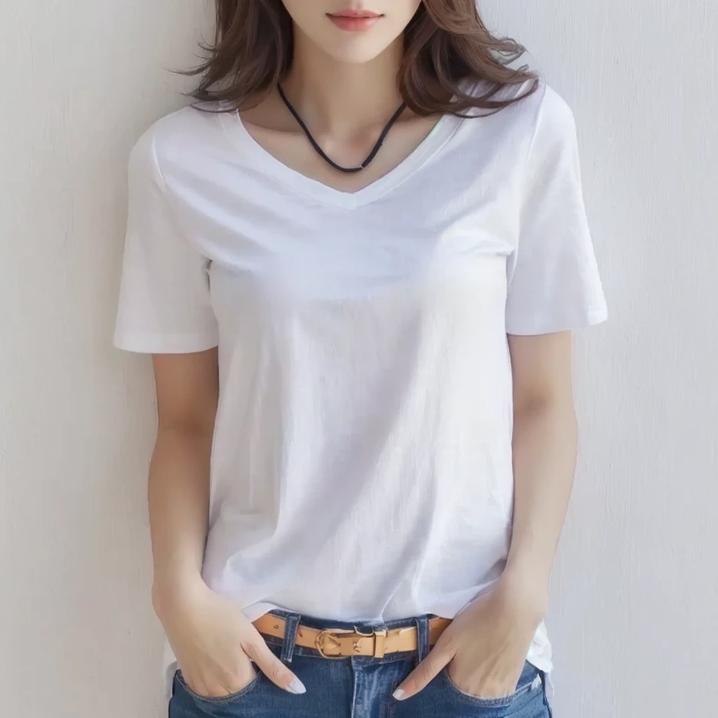 Ala Fed woman in white shirt and jeans poses for photo, White T-shirt, plain White T-shirt, White T-shirt, White T-shirt, White T-shirtを着て, Short sleeve, casual white garment, Wearing a white V-neck top, Trendy white clothes, V-shaped clothing with an open neckline, White fashionable clothes, Modern casual wear, Wearing a white shirt