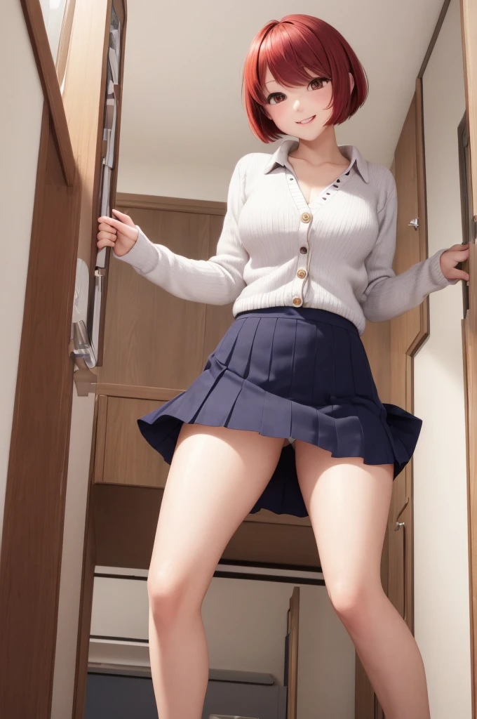 (The ultimate masterpiece), (Ultra HD), (Ultra-fine), High resolution, Ultimate beauty, High chroma, vivid, (pretty girl), Thighs, (cardigan), (skirt), Super Smile, Mouth open, Red hair,ショートBob,(Bob),Red Eyes ,Small breasts, Cute room