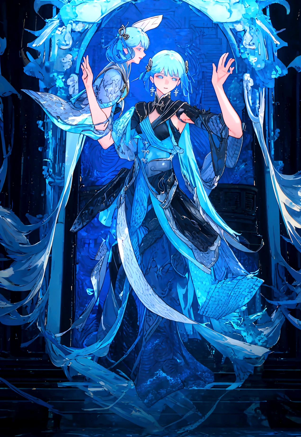 Character (jinshi) (wuthering waves) (character in dynamic pose) (full body) (blue long dragon background)