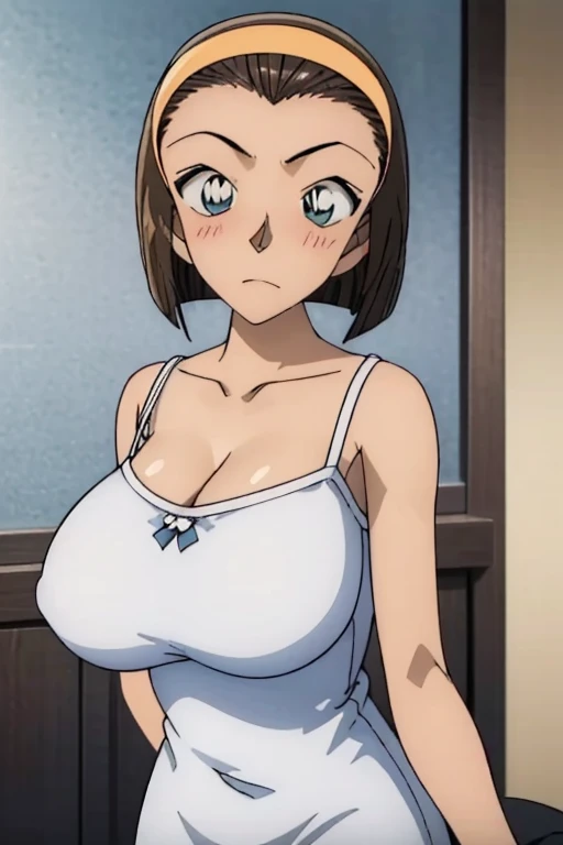 looking at the camera、When I Look at You、lookatviewer、Anime Style、Eroge、1 Girl, (Huge breasts), (Tight white camisole dress)、Low Angle、Brown haired, hair band、Bob Hair、The forehead is visible、blush,The whole body is visible:1.5、Dolphin Shorts、Cleavage、O-neck