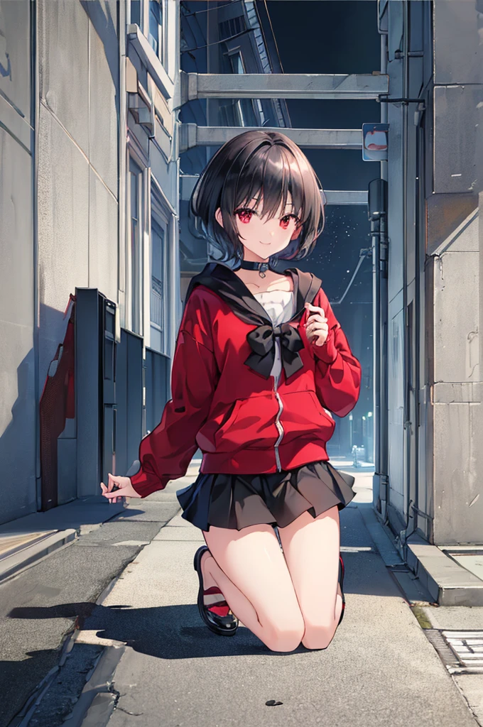 (masterpiece, highest quality, highest quality, (No text), Beautiful and aesthetic:1.2),No text,アニメ、BREAK,One Girl，Black Hair Girl　short hair　older sister　choker　Tree Eyes　Beautiful eyes　Red eyes　cool　smile　Red and Black　Black jacket　mini skirt　whole body　In town