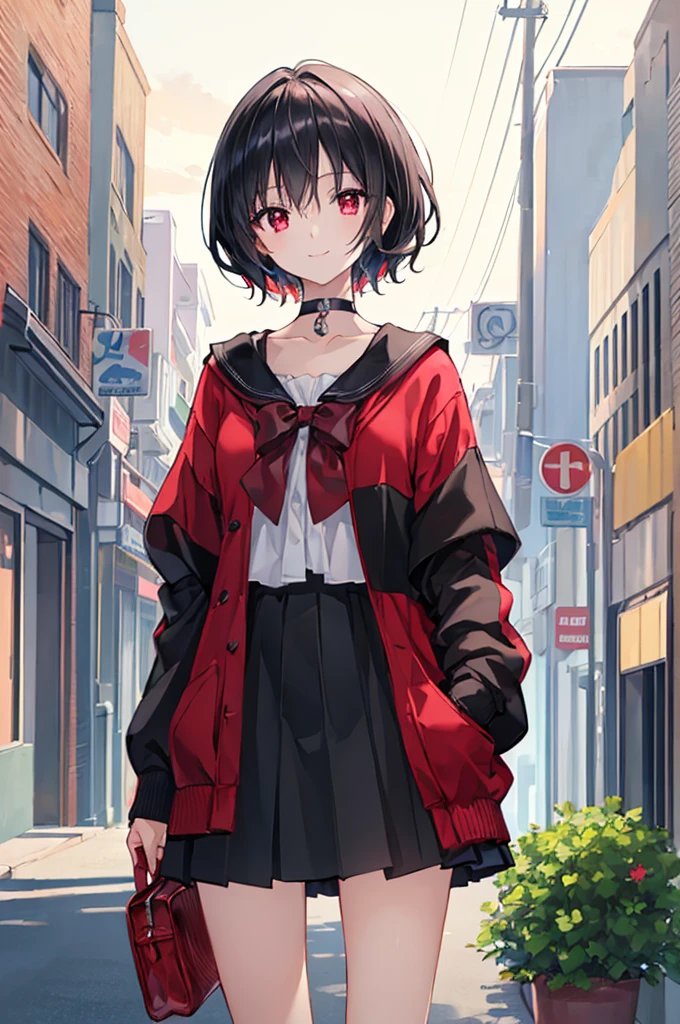 (masterpiece, highest quality, highest quality, (No text), Beautiful and aesthetic:1.2),No text,アニメ、BREAK,One Girl，Black Hair Girl　short hair　older sister　choker　Tree Eyes　Beautiful eyes　Red eyes　cool　smile　Red and Black　Black jacket　mini skirt　whole body　In town