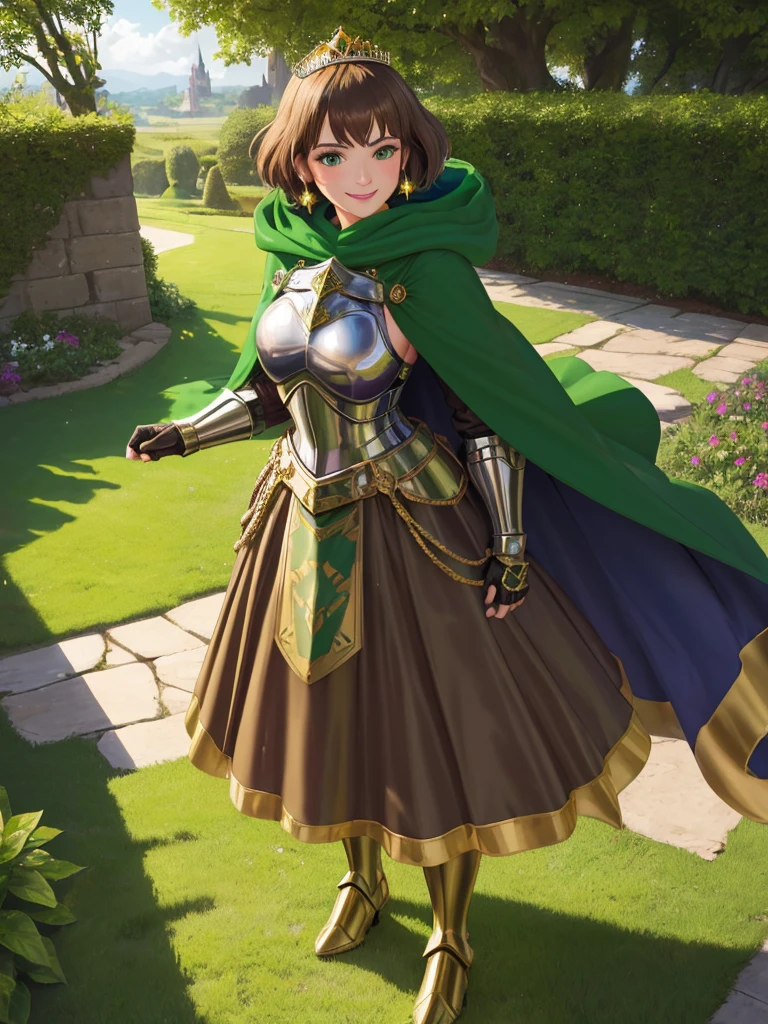 masterpiece, best quality:1.2), 1girl, smile, looking at viewer, green eyes, short brown hair, princess, armor, , pauldrons, armored dress, green cloak cape, wearing puffy blue ballgown skirt, golden tiara with green gem, armored boots, fingerless gloves, standing in medieval garden
