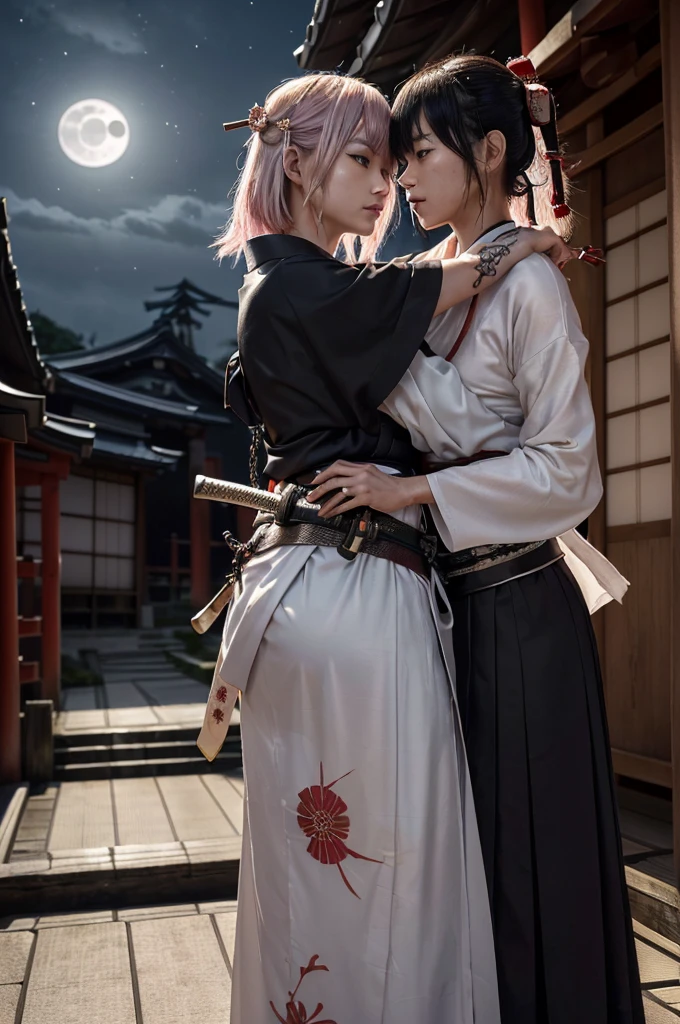 nsfw,(Highest quality:1.2),32k HDR,High resolution,Perfect Anatomy,Wet and shiny white skin,Slender model figure,Ahegao,Silver and pink hair,short hair,soaked through,Super small face,Collar and leash,Alley,Edo Town,shrine,Domestic,photo shoot,Maid,((Japanese sword)),tattoo,((whole bodyにタトゥー)),(Arms covered in tattoos),tattoo,((whole bodyにタトゥー)),(Arms covered in tattoos),(whole bodyをA body covered in tattoos), (A body covered in tattoos),((Collar with leash)),(Lockに繋がれた少女),Women in ecstasy,climax,Acme,Detailed skin texture, Detailed face, Fine grain,((whole body)),((艶やかなkimono)),(((nightの町))),((暗darkness)),((頭からfootまで)),((Lock帷子)),(((Lock))),(foot),(((Wrapped in a cloth))),((geta)),((大きなJapanese swordを構える)),(((Japanese swordを構える)),((kimono)),((Are standing)),((Wrap a cloth around your chest)),(((巨大なJapanese sword))),((Wear a black belt around your waist)),((花柄のkimono)),((Thin fabric)),((身長と同じくらいの大きさのJapanese swordを振りかぶる)),((night:1.2)),((Dim light)),((Glaring at the camera)),((Bold pose)),(((Restraints))),(((darkness))),(((moonlight:1.5))),,(((kimonoの上からLockを身体中に巻く:1.2))),(((Japanese sword:1.3))),((Lock)),((Hakama)),((Wrap the chain:1.2)),(((Two Subjects)),((Two women:1.2)),((Embrace each other)),