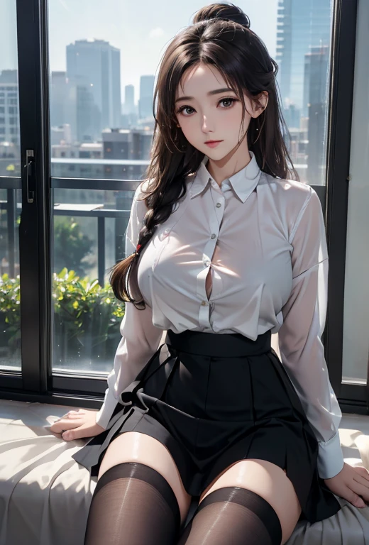 Reality, high resolution, Soft Light,1 Woman, Solitary, Hips up, View Viewer, (Delicate face), big long hair,Bun hairstyle,braid, Rainy Day, lying on the grass, Looking from the bottom up, spread your legs, secretary_summer shirt_Open the buttons, Black skirt_mini skirt,Underwear can be seen from inside the skirt,B pantyhose can be seen from inside the skirt, wet shirt、My chest is wet and I can see my breasts、胸前濕透看見nipple、nipple.