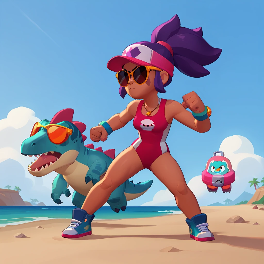 full body view of a dinosaur, dark blue skin, female, dressed in a red swimsuit and sunglasses, with a pink and white buoy, dinosaur animal, fight, brawl stars