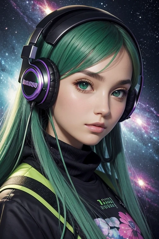 background galaxy,Portrait girl, Green hair, large headphones, foreground large flowers