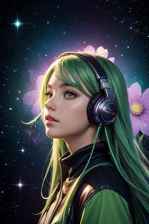 background galaxy,Portrait girl, Green hair, large headphones, foreground large flowers