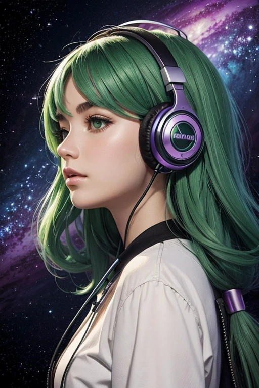 background galaxy,Portrait girl, Green hair, large headphones, foreground large flowers