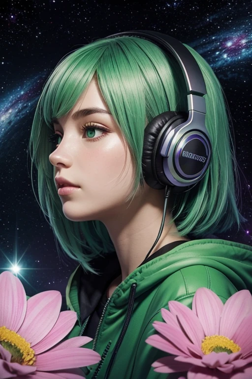 background galaxy,Portrait girl, Green hair, large headphones, foreground large flowers