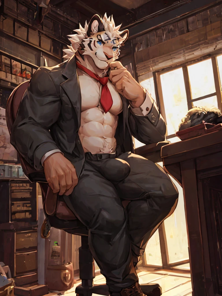{{bara extremely handsome white tiger,}} {{white fur,}} white, wearing military like purple trench coat, purple trousers, white dress shirt and necktie, white fluffy furry body and limbs, loafers, very tall, very broad shoulders, narrow waist, muscular arms, massive pecs, purple eyes, very long legs, sitting on swivel chair with legs spread, from below perspective, massive bulge, sophisticated hot look, sexy pose, full body, sunlight casting over, 3/4 view, best quality, high quality, silver earring on left ear, sultry smirk