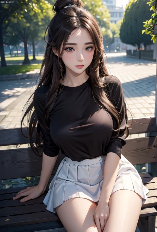 (1 Girl:1.3), Sexy pose, slim, (Reality:1.4), (masterpiece, Top quality, best quality, Official Art), Extremely detailed, The most detailed, (Extremely detailed), ((Extremely delicate and beautiful)), light, (Realistically:1.3), (High Detail Skin:1.2), high resolution, 8K UHD, 4K, 8K, Bokeh, Digital SLR Camera, , The best ratio of four fingers and one thumb, In a park with trees,Sitting on a bench、Spread your legs:1.3, ((Silky long hair)), (Brown hair), (Bun hairstyle), Tears, Pretty Face, Perfect face, highly detailed Pretty Face, Lovely, Shy,blush, Dynamic Angle, from above,Looking at the audience, Wearing brown sweater,nipple,Short skirt,Underwear can be seen from inside the skirt,B can be seen from inside the skirt