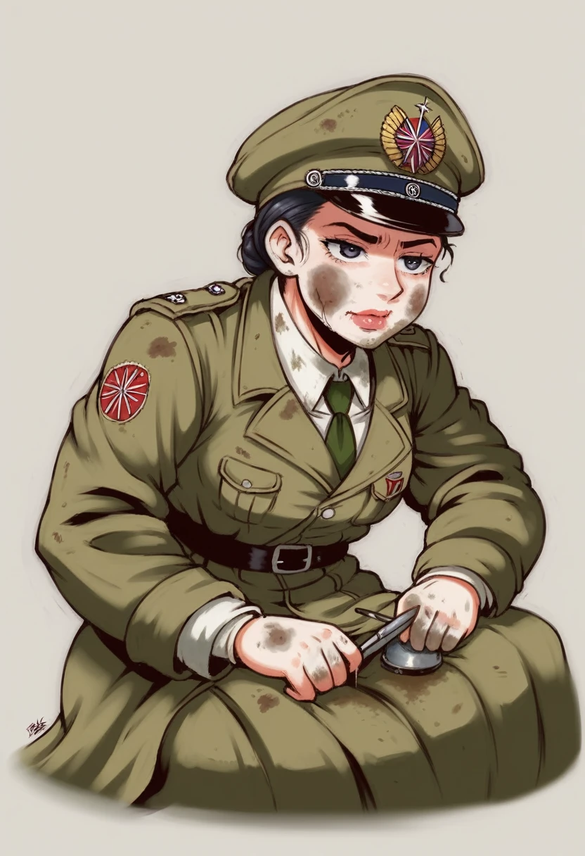 ((all the details are very complex)),((super realistic all textures)),General photograph of a female soldier, sitting on a fictional Japanese military weapon from World War II., Beautiful face, dirty clothes, very complex parts, Olive gray paint, peeling paint, weathering, rust, Shot on Fuji X-T30 film+night. HDR10