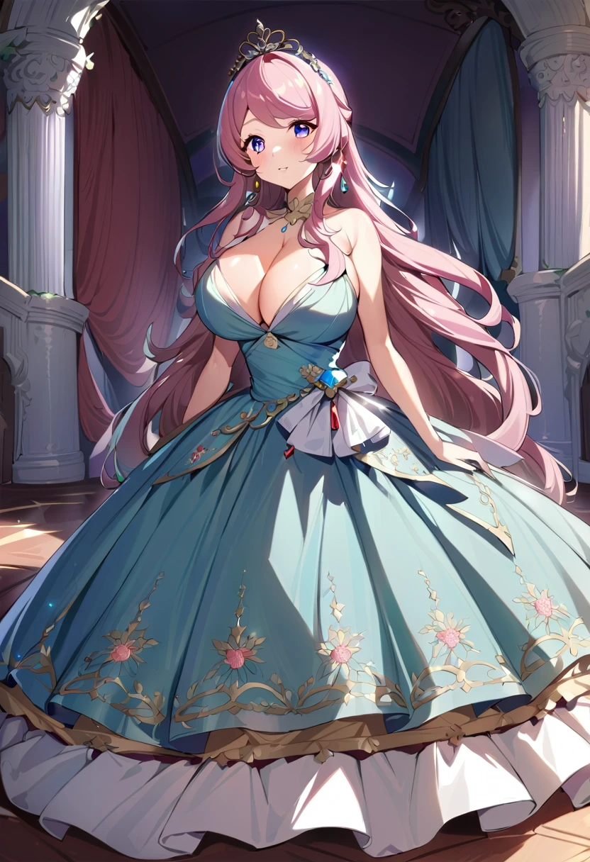 ((Anime art style)),(masterpiece),(Highest quality), (Super detailed),((Very delicate and beautiful)),(((alone))),((whole body)),(((1 princess in A gorgeous Rococo princess ball gown with beautiful embroidery and jewels.。Shiny Hair, Shiny skin,over1000favorite-quality,Comes with a voluminous full-length hoop skirt。))),((crinoline,Long train)),((Glittering)),(Gorgeous embroidery and lace),(Gorgeous gemstone jewelry),Detailed face and eyes,Jewel-like eyes,((Very voluminous straight hair,Very long straight hair)),((((Huge boobs)))),Cleavage,Very gorgeous hair accessory,((A very gorgeous jewel-encrusted tiara)),Audience Room,(standing in castle),Luxury Palace,Dynamic Angle,View your viewers,((A gorgeous Rococo princess ball gown with beautiful embroidery and jewels.。Comes with a voluminous full-length hoop skirt。))