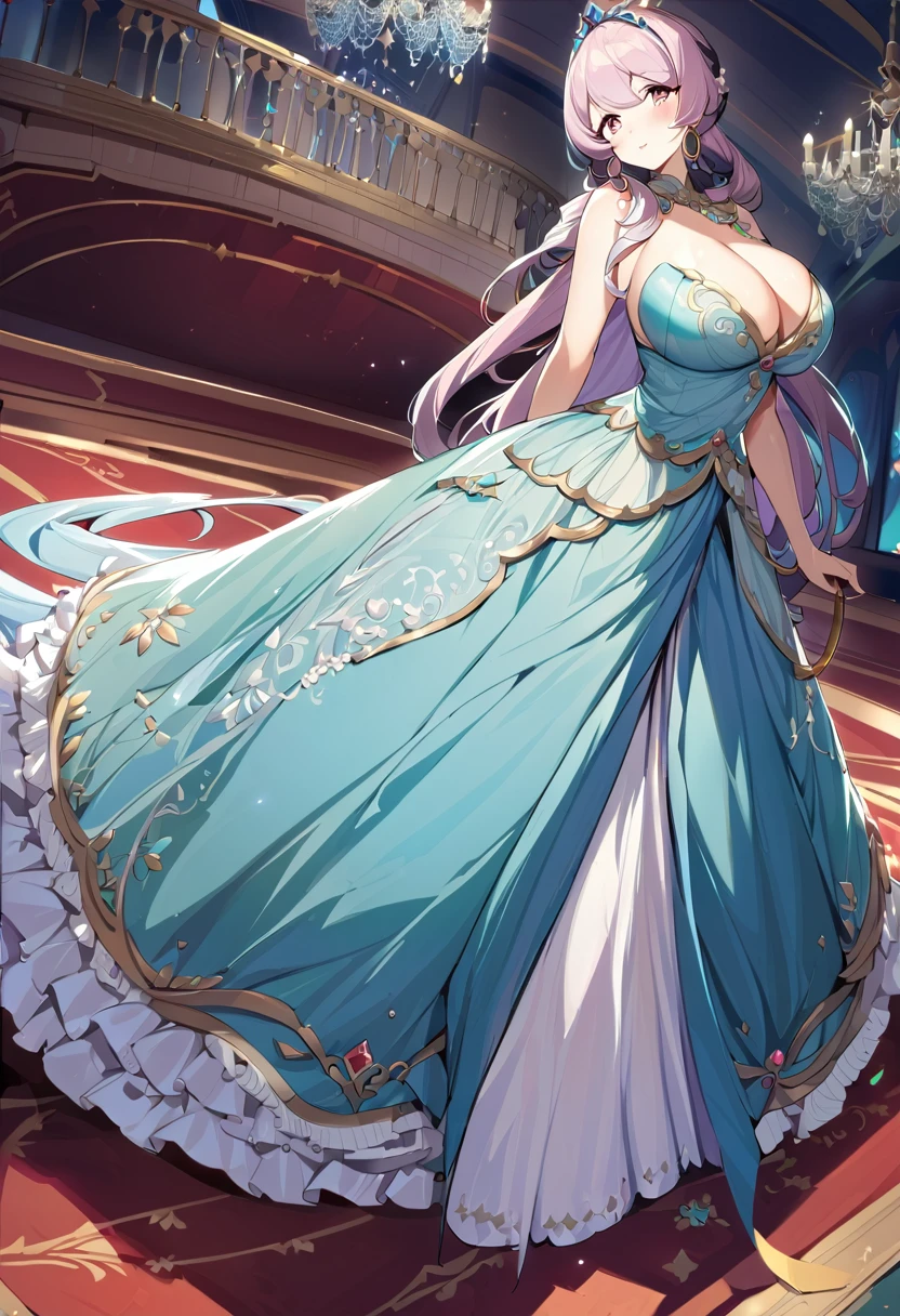 ((Anime art style)),(masterpiece),(Highest quality), (Super detailed),((Very delicate and beautiful)),(((alone))),((whole body)),(((1 princess in A gorgeous Rococo princess ball gown with beautiful embroidery and jewels.。Shiny Hair, Shiny skin,over1000favorite-quality,Comes with a voluminous full-length hoop skirt。))),((crinoline,Long train)),((Glittering)),(Gorgeous embroidery and lace),(Gorgeous gemstone jewelry),Detailed face and eyes,Jewel-like eyes,((Very voluminous straight hair,Very long straight hair)),((((Huge boobs)))),Cleavage,Very gorgeous hair accessory,((A very gorgeous jewel-encrusted tiara)),Audience Room,(standing in castle),Luxury Palace,Dynamic Angle,View your viewers,((A gorgeous Rococo princess ball gown with beautiful embroidery and jewels.。Comes with a voluminous full-length hoop skirt。))