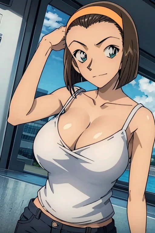 looking at the camera、When I Look at You、lookatviewer、Anime Style、Eroge、1 Girl,  (Huge breasts), (Tight white camisole dress)、Low Angle、Brown haired, hair band、Bob Hair、The forehead is visible、blush,The whole body is visible:1.5、Dolphin Shorts、Cleavage、O-neck