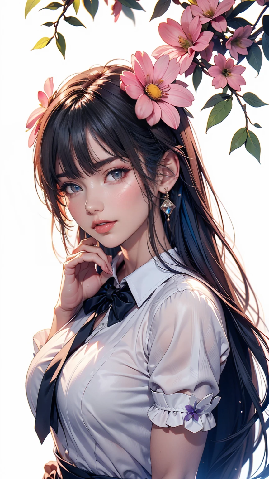 Highest quality, masterpiece, Very detailed, Detailed Background, One girl, alone, Long Hair, flower, Blue Hair, White Background, pink flower, Simple Background, profile, Upper Body, shirt, white shirt, white flower, bow, bangs, Purple eyes, leaf, blush、Sexy proportions、Sexy、Narrow waist