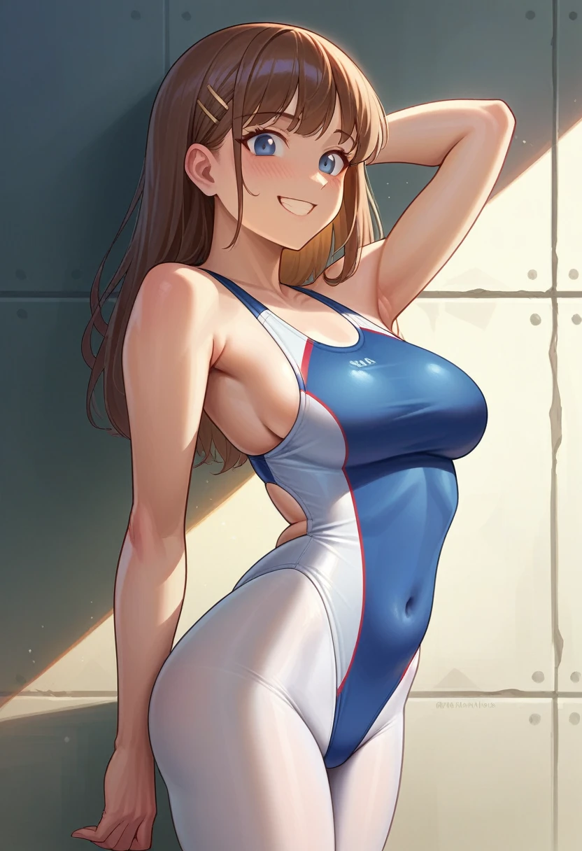 best quality, Master paintings, best quality, Photorealsitic, Ultra-detail,dynamic light and shadow,high resolution, 1 Horny woman, mila kunis, smiling、shiny brown hair, 、Navy blue competition swimsuit、She is wearing black 120 denier tights.、A slender、 slender、Blur the background
