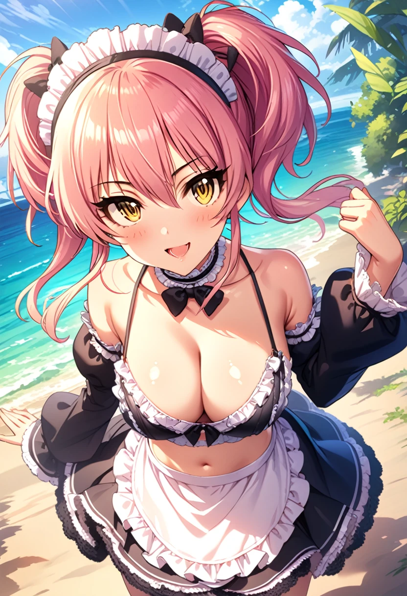 (masterpiece), (best quality), (ultra-detailed), (best illustration), (best shadow), (absurdres), (detailed background), (very aesthetic), mika jougasaki, 1girl, solo, pink hair, yellow eyes, maid headdress, twintails, long hair, dot nose, blush, open mouth, smile, frilled white choker, black bowtie, collarbone, bare shoulders, large breasts, cleavage, alternate costume, frills, frilled black maid bikini, hand up, frilled black detached sleeves, navel, frilled white miniapron, shiny skin, looking at viewer, standing, outdoors, ocean, blue sky, clouds, cowboy shot, 