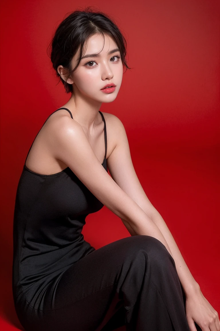 21yo girl, short hair, red background,