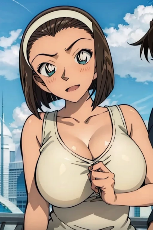 looking at the camera、When I Look at You、lookatviewer、Anime Style、Eroge、1 Girl,  (Huge breasts), (Tight white camisole dress)、Low Angle、Brown haired, hair band、Bob Hair、The forehead is visible、blush,The whole body is visible:1.5、Dolphin Shorts、Cleavage、O-neck