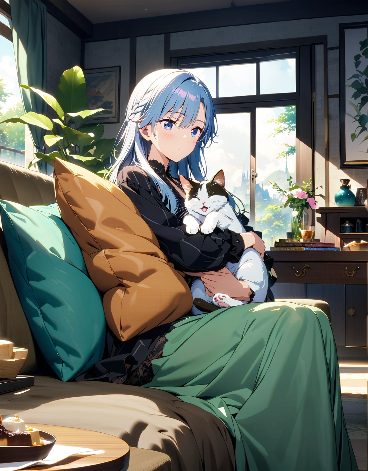 (超detailedなイラスト:1.2),Very delicate and beautiful,非常にdetailed,CG,Unity,8k wallpaper,wonderful,detailed,masterpiece,The best quality in the best condition,Official Art,非常にdetailed CG 8k Unbelievably ridiculous resolution,Beautiful and exquisite,High resolution,非常にdetailedな目と顔,Anime girl sitting on the sofa with a cat in her arms,