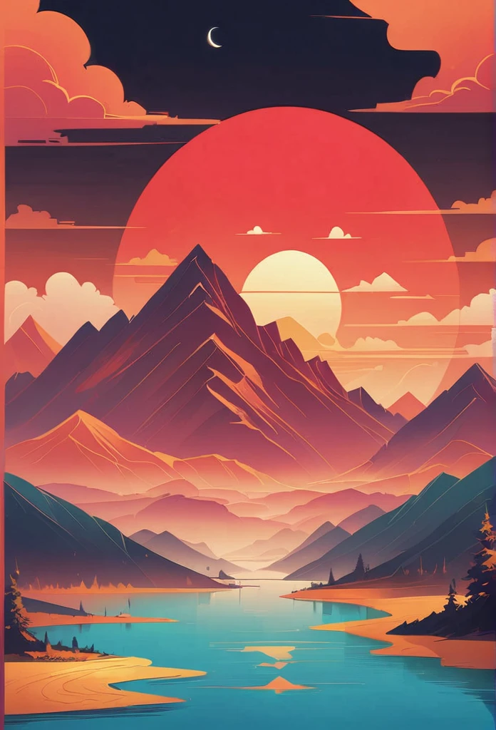 pine，A Thousand Miles of Rivers and Mountains，Lacquer、relief、mountains，gold foil，Minimalist composition of Alpine landscapes、red sky solid collustration, ((with words in the sky: TONABNEHMER))