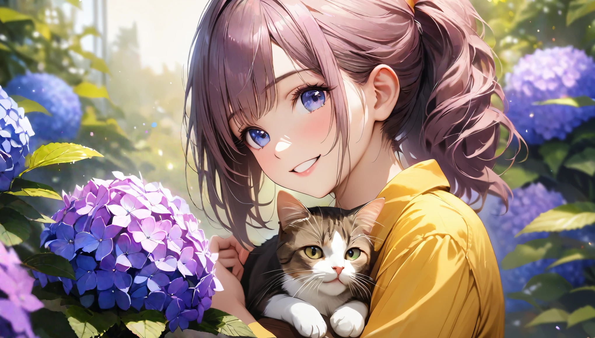 Hydrangea Park, Cute casual clothes,Holding a cat,Blur the background,high school girl,ponytail,smile,Glitter effect,Highest quality, 4K, 8K, High resolution, masterpiece:1.2, Very detailed, Realistic:1.37, High resolution, 超High resolution, Ultra-fine painting, Sharp focus, Physically Based Rendering, Very detailedな説明, Professional, Vibrant colors