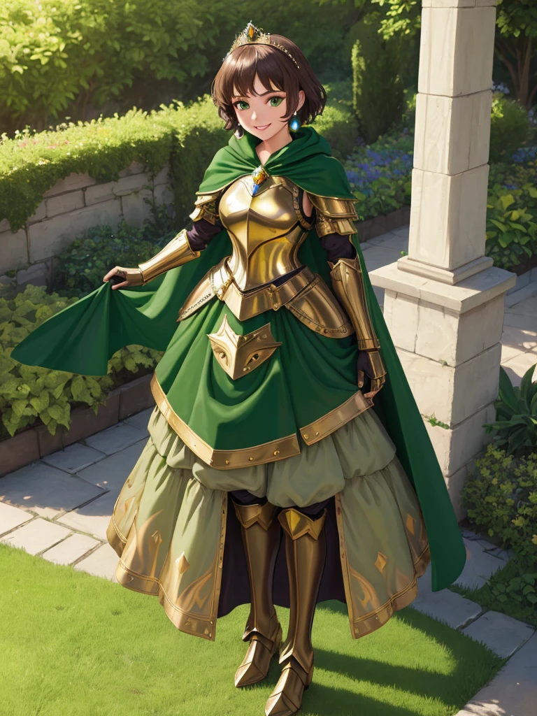 masterpiece, best quality:1.2), 1girl, smile, looking at viewer, green eyes, short brown hair, princess, armor, , pauldrons, armored dress, green cloak cape, wearing puffy blue ballgown skirt, golden tiara with green gem, armored boots, fingerless gloves, standing in medieval garden