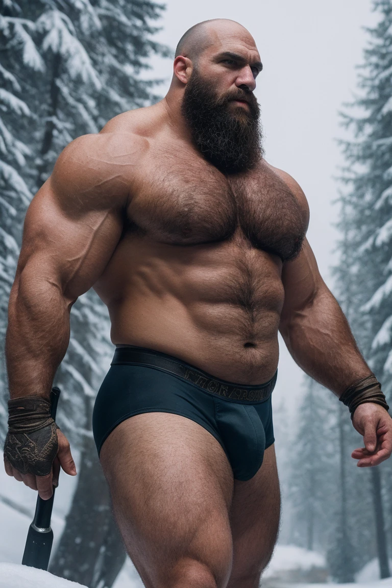 Hyperrealistic Very Realistic 8K Resolution Very Realistic Best Ultra High Definition resolution Very Realistic Photorealistic picture of a realistic bearded hairy Bald Kratos man in the snow, handsome stocky black, man with on, God of War Ragnarok Kratos, strong hairy chest and arms, with very realistic tattoos, very realistic hairy strong chest and arms, very realistic hairy chest, very realistic pecs, very realistic strong legs, in tiny realistic underwear with bulges, very realistic lips, very realistic lip details, very realistic belly, very realistic eyes, very realistic eyes details, very realistic thick chubby neck, very realistic neck lines, very realistic neck details, very realistic face, very realistic face details, 47 year old man, small transparent underwear, bald, very realistic kratos muscle bear beefy buff beefy bear buff beefy big belly thick big beefy big manly bulky muscular bodybuilder muscle bear, very realistic, very realistic photography, very detailed, full body portrait, 8k Resolution, very defined details, cinematic, 8k, epic Steven Spielberg movie still, sharp focus, by pascal blanche rutkowski repin artstation hyperrealism painting concept art of detailed character design matte painting, 8k resolution God of War Ragnarok 