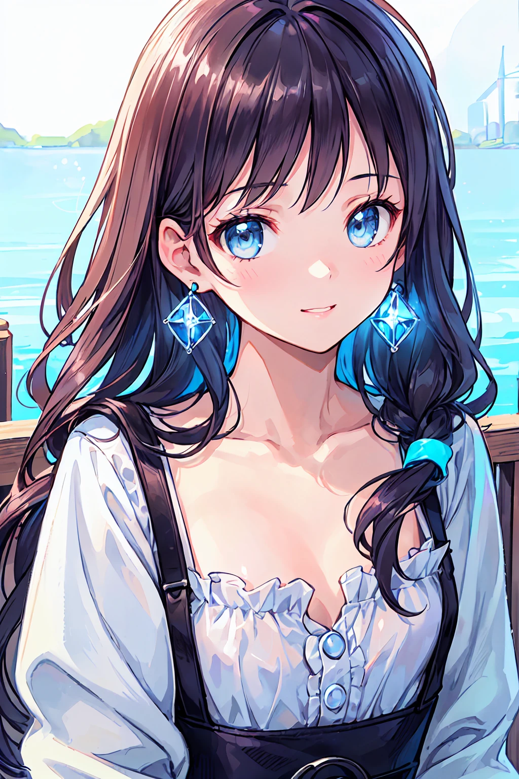 (((girl kawaii))), (a Very delicate and beautiful girl), ((Ultra-fine illustrations)), (Very delicate and beautiful), charactera girl, Please raise your hand, Wet, girl, teenage girl, Flowing Hair, (High Ponytail), (Long dark brown hair), Beautiful and fine hair, Very beautiful and detailed anime faces and eyes, (smile), Intricate details、Beautiful and delicate eyes, Bright Eyes, Open your mouth, Cleavage, Pale blue eyes, White skin, Frills, Hair Ribbon, Earrings, Gemstone Necklace, bracelet, (White Bikini), cardigan, Wet clothes, Open Court, White clothes, (Beach), (blue sky), sunlight, Backlight, Highly detailed light, ((Absurd)), (((wallpaper 8k CG))), masterpiece,