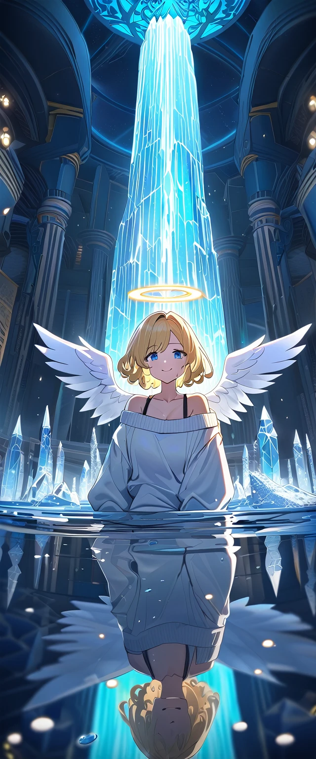 ((angel, big big white wings:1.3, halo:1.3)), ((sea)), (((looking down))), (((from below))), ((flying in the sky)), archangel Uriel, ((wavy hair, outward curled hair)), evening, Sunset, ((blond hair, bob cut:1.3)), breasts, ager, (looking at viewer), oversized clothes, puffy long sleeves, collarbone, ((off-shoulder sweater:1.3, Quite thick shoulder straps)), ((white sweater)), collarbone, head tilt:1.3, (((blue eyes))), (water temple, crystal clear water:1.3), (crystal, reflective, glowing, waterlogged floor, fountain:1.5), (waterfall), (crystal textured interior), (water ripples:1.3), (clear blue crystal pillars:1.2), (geyser, indoor), (ice floor, ice wall:1.2), (light blue glowing:1.3), ((happy smile)), (((anime style))), (best quality, 4K, 8K, highres, masterpiece:1.2, ultra-detailed, ultra-detailed eyes, HDR, uhd, studio lighting, ultra-fine painting, sharp focus, physically-based rendering, extreme detail description, professional, vivid colors, bokeh)
