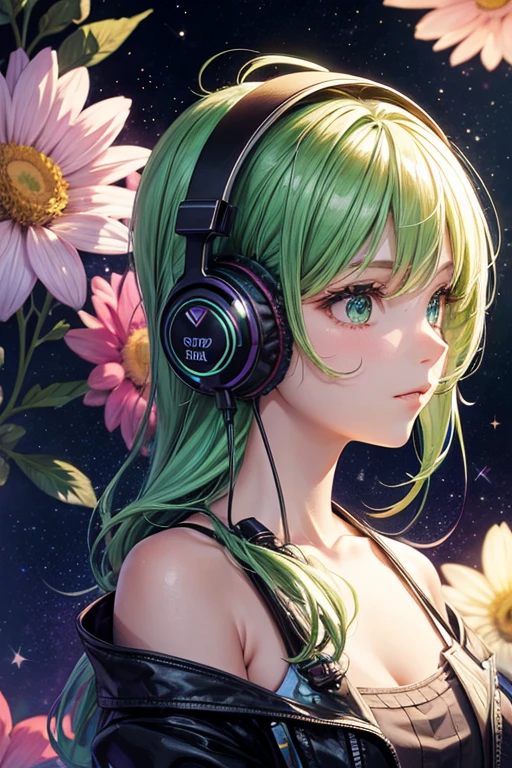 (best quality,4k,highres:1.2),realistic,girl,listening to music,headphones on,holding headphones,eyes closed,detailed eyes,long eyelashes,relaxed expression,beautiful lips,curly hair,pleasant smile,soft sunlight,flower garden, colorful flowers,green grass,peaceful atmosphere,vivid colors,lush vegetation,gentle breeze