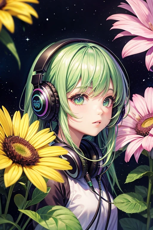 background galaxy,Portrait girl, Green hair, large headphones, foreground large flowers