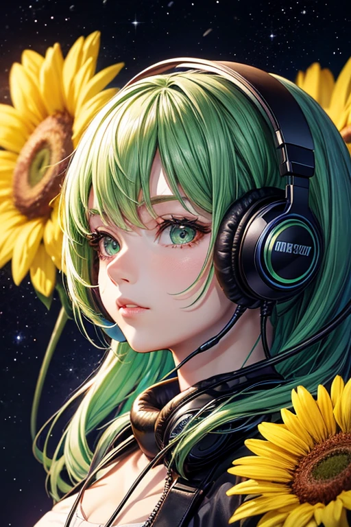 background galaxy,Portrait girl, Green hair, large headphones, foreground large flowers