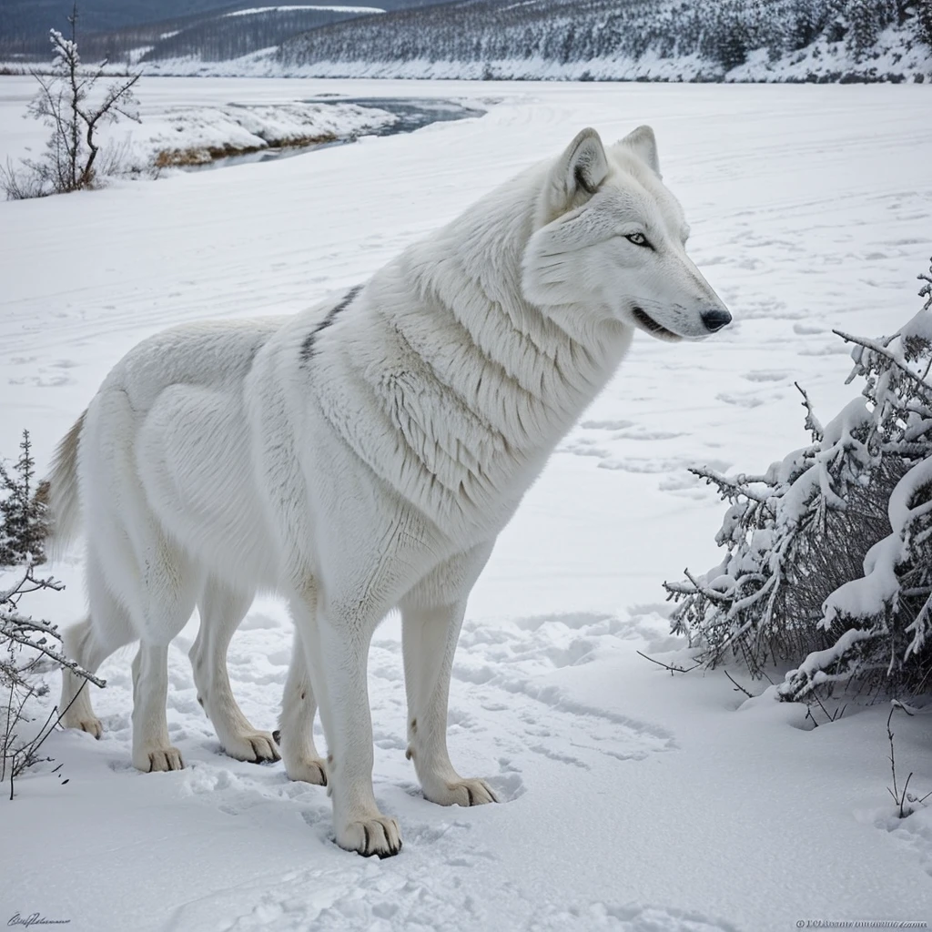 Craft a stunning artwork of a serene Arctic wolf, nestled in a snowy landscape. Emphasize the contrast of the white wolf against the wild, black backdrop. Capture the tranquility of the sleeping beast, creating a captivating wall art piece.”