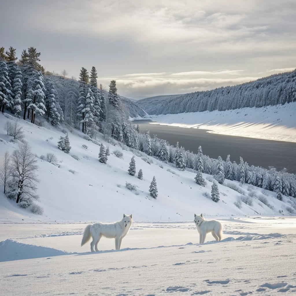 Craft a stunning artwork of a serene Arctic wolf, nestled in a snowy landscape. Emphasize the contrast of the white wolf against the wild, black backdrop. Capture the tranquility of the sleeping beast, creating a captivating wall art piece.”